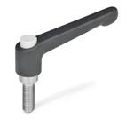 Manettes indexables,<br />
zinc moulé sous pression, insert inox, avec goujon fileté, avec bouton de déverrouillage