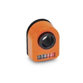 GN 953 Position Indicators, 5 Digits, Digital Indication, Mechanical Counter, Hollow Shaft Steel Installation (Front view): FR - In the front, below<br />Color: OR - Orange, RAL 2004