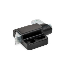 GN 724.3 Spring Latches, Steel / Stainless Steel, with Chamfered Pin, with Flange for Surface Mounting Type: R - right indexing cam<br />Chamfered pin identification no.: 4 - Chamfer, left<br />Material / Finish: SW - Black, RAL 9005, textured finish<br />Catch identification no.: 1 - Without catch