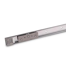 GN 1490 Linear Guide Rail Systems, Stainless Steel, with Inside Traversal Distance Type: A3 - with one cam roller carriage with 3 rollers<br />Identification no.: 2 - with two end stops<br />Material: NI - Stainless steel