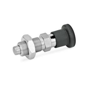 GN 817 Edelstahl-Rastbolzen / Kunststoff-Knopf Werkstoff: NI - Edelstahl<br />Form: CK - mit Rastsperre, mit Kontermutter