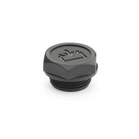 GN 747 Threaded Plugs with DIN-Re-Fill Symbol, Seal Overlying, Plastic Type: A - Without dipstick<br />Identification no.: 1 - Without vent hole