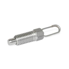 GN 717 Stainless Steel Indexing Plungers, with Lifting Ring / with Wire Loop, without Rest Position Type: D - With wire loop, without locknut<br />Material: NI - Stainless steel