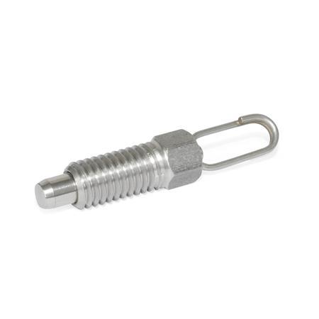 GN 717 Stainless Steel Indexing Plungers, with Lifting Ring / with Wire Loop, without Rest Position Type: D - With wire loop, without locknut
Material: NI - Stainless steel