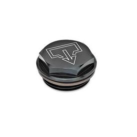 GN 742 Threaded Plugs with and without Symbols, Viton-Seal, Aluminum, Resistant up to 180°C Type: ASS - With DIN drain symbol, black anodized<br />Identification no.: 1 - Without vent hole