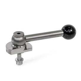 GN 918.6 Clamping bolts, Stainless Steel, Upward Clamping, Screw from the Back Type: GVB - With ball lever, straight (serration)<br />Clamping direction: R - By clockwise rotation (drawn version)