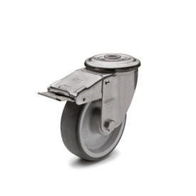 GN 22872 Medium Duty Casters, Wheel Tread Thermoplastic Elastomer, Wheel Core Polypropylene, Light Version Bearing type: G - Friction bearing<br />Type (bracket): RF - Swivel bracket with center hole, with total lock brake<br />Coding: L - Light version<br />Material (bracket): NI - Stainless steel sheet metal