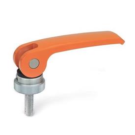 GN 927 Clamping Levers with Eccentrical Cam, with Threaded Stud, Lever Zinc Die Casting, Contact Plate Plastic Type: A - Plastic contact plate with setting nut<br />Color: O - Orange, RAL 2004