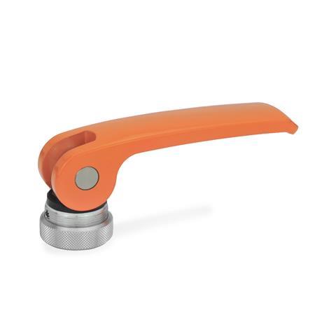 GN 927.4 Clamping Levers with Eccentrical Cam with Internal Thread, Lever Zinc Die Casting Type: A - Plastic contact plate with setting nut
Color: O - Orange, RAL 2004