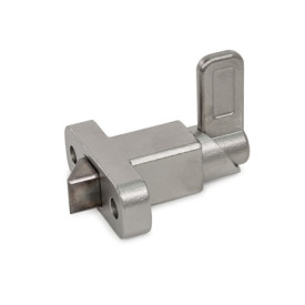 GN 724.2 Spring Latches, Steel / Stainless Steel, with Chamfered Pin, with Flange for Surface Mounting Identification no.: 4 - Chamfer, left<br />Type: A - Latch arm position perpendicular to the flange<br />Material / Finish: NI - Stainless steel precision casting