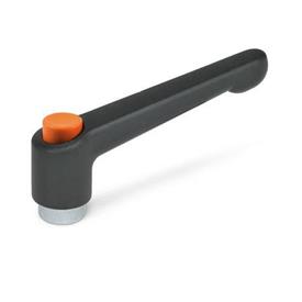 GN 303.2 Verstellbare Klemmhebel, mit Ausrastknopf, Zink-Druckguss, Buchse Stahl verzinkt Farbe Ausrastknopf: O - orange, RAL 2004