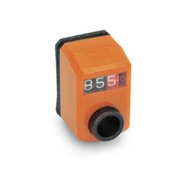 GN 955 Indicatori di posizione, a 3 cifre, indicazione digitale, contatore meccanico, albero cavo in acciaio Installazione (vista frontale): FN - Nella parte anteriore, in alto<br />Colore: OR - arancione, RAL 2004