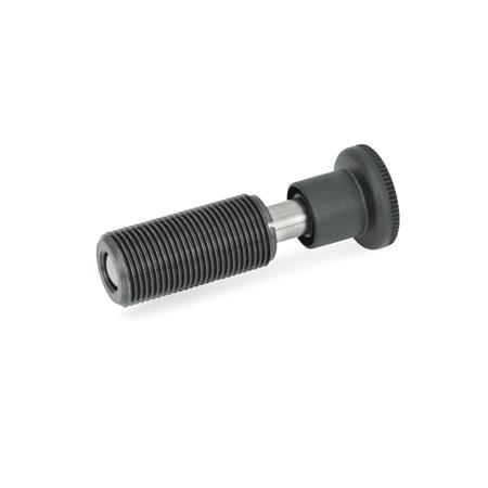 GN 313 Spring Bolts, Steel / Plastic Knob Type: A - With knob, without lock nut
Identification no.: 1 - Pin without internal thread