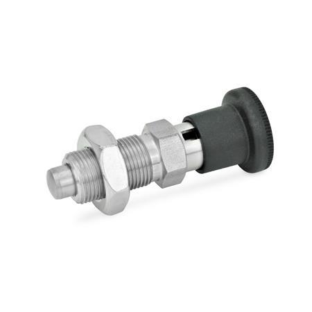 GN 817 Edelstahl-Rastbolzen / Kunststoff-Knopf Werkstoff: NI - Edelstahl
Form: CK - mit Rastsperre, mit Kontermutter