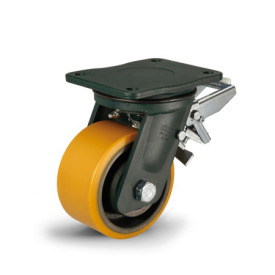 GN 22887 Heavy Duty Casters, Wheel Tread Polyurethane, Wheel Core Cast Iron, Extra-Heavy Version Bearing type: K - Ball bearing<br />Type (bracket): LF - Swivel bracket with mounting plate, with total lock brake<br />Coding: E - Extra-Heavy Version<br />Material (bracket): ST - Welded steel design