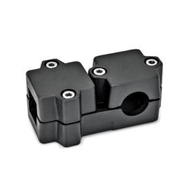 GN 194 T-Angle Connector Clamps, Aluminum d<sub>1</sub> / s<sub>1</sub>: V - Square<br />d<sub>2</sub> / s<sub>2</sub>: B - Bore<br />Finish: SW - Black, RAL 9005, textured finish