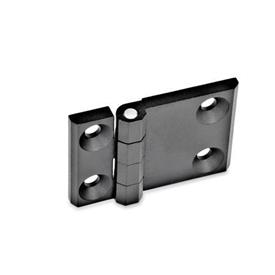 GN 237 Hinges, Horizontally Elongated, Zinc Die Casting Werkstoff: ZD - Zinc die casting<br />Type: A - 2x2 bores for countersunk screws<br />Finish: SW - Black, RAL 9005, textured finish<br />Hinge wings: l3 ≠ l4 - elongated on one side