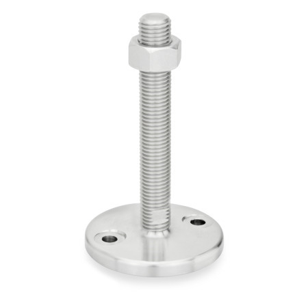 GN 24 Leveling Feet, Stainless Steel AISI 316L, with Mounting Holes, Turned Base Plate Type (base plate): D0 - Fine turned, without rubber underlay
Threaded stem type: TK - With nut, wrench flat at the bottom