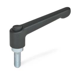 GN 303.2 Adjustable Hand Levers, Zinc Die Casting, Insert Steel Zinc Plated, with External Thread, with Releasing Button Color releasing button: S - Black, RAL 9005