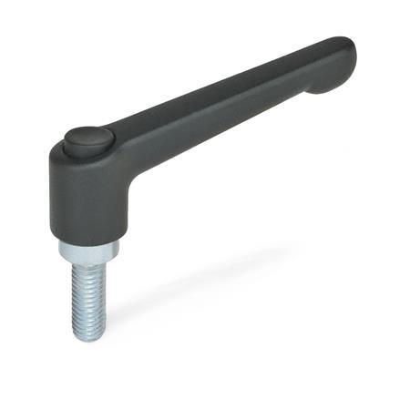 Manettes indexables GN 303.2: Zinc moulé sous pression, insert acier zinguée, goujon fileté , avec bouton de déverrouillage