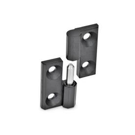 GN 337 Hinges, Detachable, Zinc Die casting Material: ZD - Zinc die casting<br />Finish: SW - Black, RAL 9005, textured finish<br />Identification no.: 2 - Fixed bearing (pin) left