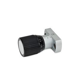 GN 727 Control Knobs with Adjustable Spindle, Aluminum / Steel Type: A - Mounting hole parallel to the spindle axle<br />Coding: SR - With scale 0,1....0,9, 50 graduations ascending clockwise