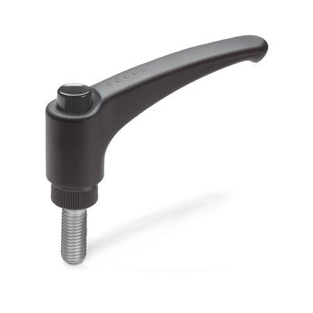 Adjustable Hand Levers GN 603.1: Plastic, Threaded Stud Stainless Steel, with Releasing Button