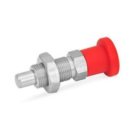 GN 817 Edelstahl-Rastbolzen mit rotem Knopf Werkstoff: NI - Edelstahl<br />Form: BK - ohne Rastsperre, mit Kontermutter<br />Farbe: RT - rot, RAL 3000, matt