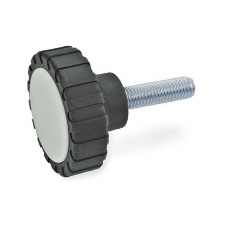 Manopole zigrinate con prigioniero filettato GN 7336: Plastica, inserto filettato (vite) acciaio / acciaio INOX