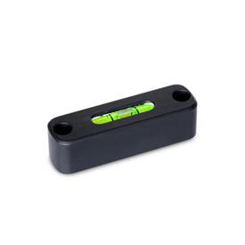 GN 2283 Längslibellen, Gehäuse Aluminium, zum Anschrauben Werkstoff / Oberfläche: ALS - eloxiert, schwarz<br />Empfindlichkeit: 50 - Winkelminuten, pro 2 mm Blasenweg<br />Form: AV - ausgerichtet, Montage von der Vorderseite (nicht justierbar)