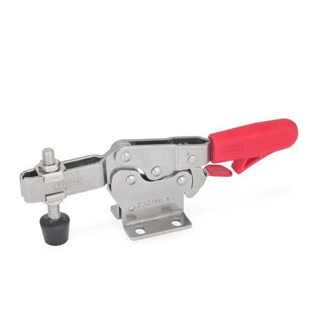 GN 820.3 Stainless Steel Toggle Clamps, Operating Lever Horizontal, with Lock Mechanism, with Horizontal Mounting Base Material: NI - Stainless steel
Type: MLC - Forked clamping arm, with two flanged washers and clamping screw GN 708.1