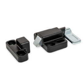 GN 724.3 Spring Latches, Steel / Stainless Steel, with Chamfered Pin, with Flange for Surface Mounting Type: L - left indexing cam<br />Chamfered pin identification no.: 1 - Chamfer, top<br />Material / Finish: SW - Black, RAL 9005, textured finish<br />Catch identification no.: 2 - With catch