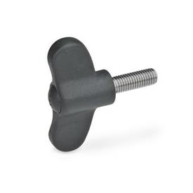 GN 633.1 Chiavette di serraggio, plastica, con perno filettato in acciaio INOX Colore della calottina: DSG - grigio-nero, RAL 7021, finitura mat