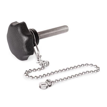 GN 6336.13 Star Knobs with Loss Protection, with Threaded Stud Type: K - With ball chain