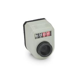 GN 954 Position Indicators, 4 Digits, Digital Indication, Mechanical Counter, Hollow Shaft Steel Installation (Front view): FN - In the front, above<br />Color: GR - Gray, RAL 7035