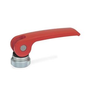 GN 927 Clamping Levers with Eccentrical Cam, with Internal Thread, Lever Zinc Die Casting, Contact Plate Plastic Type: A - Plastic contact plate with setting nut<br />Color: R - Red, RAL 3000