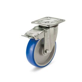 GN 22884 Medium Duty Casters, Wheel Tread Polyurethane, Wheel Core Polyamide, Light Version Bearing type: G - Friction bearing<br />Type (bracket): LF - Swivel bracket with mounting plate, with total lock brake<br />Coding: L - Light version<br />Material (bracket): NI - Stainless steel sheet metal