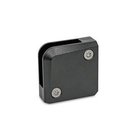 GN 939 Abrazaderas de soporte de panel, zamac, para paneles de vidrio y plástico Tipo: E - Abrazadera de esquina<br />Acabado: SW - negro, RAL 9005, acabado texturado