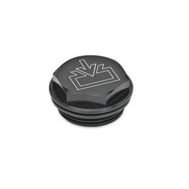 GN 741 Threaded Plugs with and without Symbols, Aluminum, Resistant up to 100 °C Type: ESS - With DIN re-fill symbol, black anodized<br />Identification no.: 1 - Without vent hole