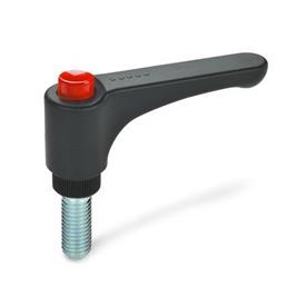 GN 600 Flat Adjustable Hand Levers, with Releasing Button, Plastic, Threaded Stud Steel Color (Releasing button): DRT - Red, RAL 3000, shiny