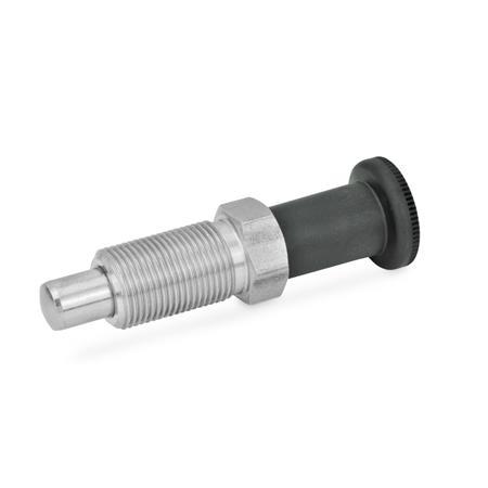 Pistoncini di posizionamento a molla GN 817.2: Acciaio INOX, con manopola lunga, con e senza posizione di arresto