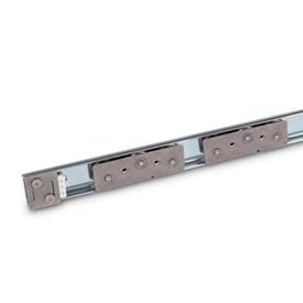 GN 1490 Linear Guide Rail Systems, Steel, with Inside Traversal Distance Type: B3 - with two cam roller carriages with 3 rollers<br />Identification no.: 2 - with two end stops<br />Finish: ZB - Zinc plated, blue passivated