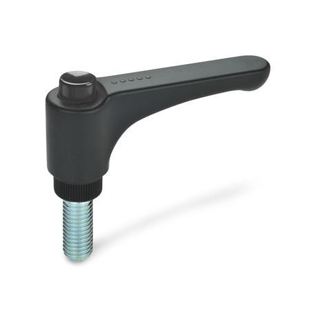 Flat Adjustable Hand Levers GN 600: Plastic, Threaded Stud Steel, with Releasing Button