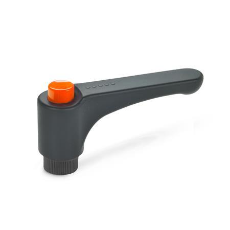 GN 600 Palancas de apriete ajustables planas con pulsador de desbloqueo, plástico, casquillo de latón Pulsador de desbloqueo de color: DOR - naranja, RAL 2004, brillante