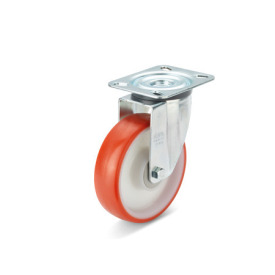 GN 22882 Medium Duty Casters, Wheel Tread Polyurethane, Wheel Core Polyamide, Light Version Bearing type: K - Ball bearing<br />Type (bracket): L - Swivel bracket with mounting plate<br />Coding: L - Light version<br />Material (bracket): ST - Steel sheet metal