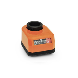 GN 953 Position Indicators, Hollow Shaft Steel, 5 Digits, Digital Indication, Mechanical Counter Display position: AR - On the chamfer, below<br />Color: OR - Orange, RAL 2004, shiny finish