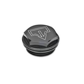 GN 741 Threaded Plugs with and without Symbols, Aluminum, Resistant up to 100 °C Type: ASS - With DIN drain symbol, black anodized<br />Identification no.: 1 - Without vent hole