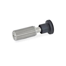 GN 313 Spring Bolts, Stainless Steel / Plastic Knob Material: NI - Stainless steel<br />Type: A - With knob, without lock nut<br />Identification no.: 2 - Pin with internal thread