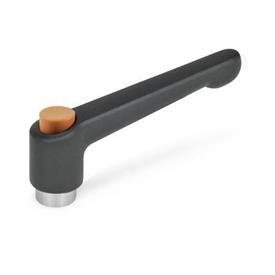 GN 303.1 Adjustable Hand Levers, Zinc Die Casting, Insert Stainless Steel, with Internal Thread, with Releasing Button Color releasing button: O - Orange, RAL 2004