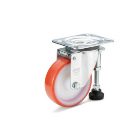 GN 22882 Medium Duty Casters, Wheel Tread Polyurethane, Wheel Core Polyamide, Light Version, with Leveling Foot Bearing type: G - Friction bearing<br />Type (bracket): S - Swivel bracket with mounting plate, with leveling foot<br />Coding: L - Light version<br />Material (bracket): ST - Steel sheet metal